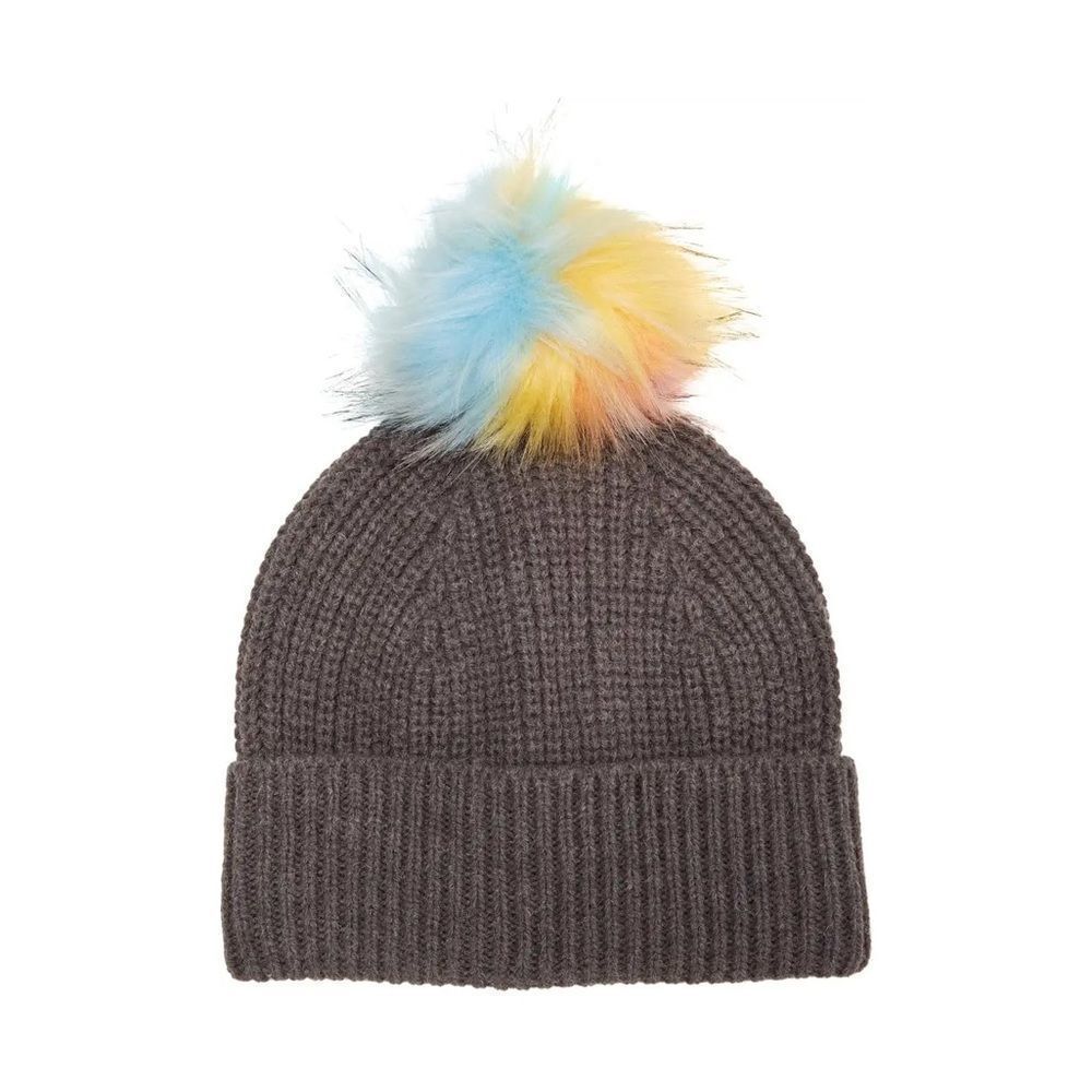 Badgley Mischka Colorful Pom Pom Beanie Charcoal Gray Rainbow NWT
